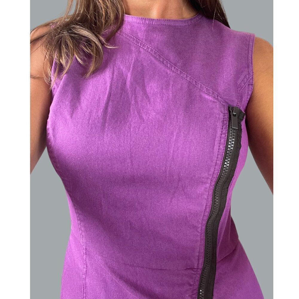 W BY WORTH COTTON CANVAS PURPLE FRONT ZIPPER SHEATH DRESS - Picture 3 of 9